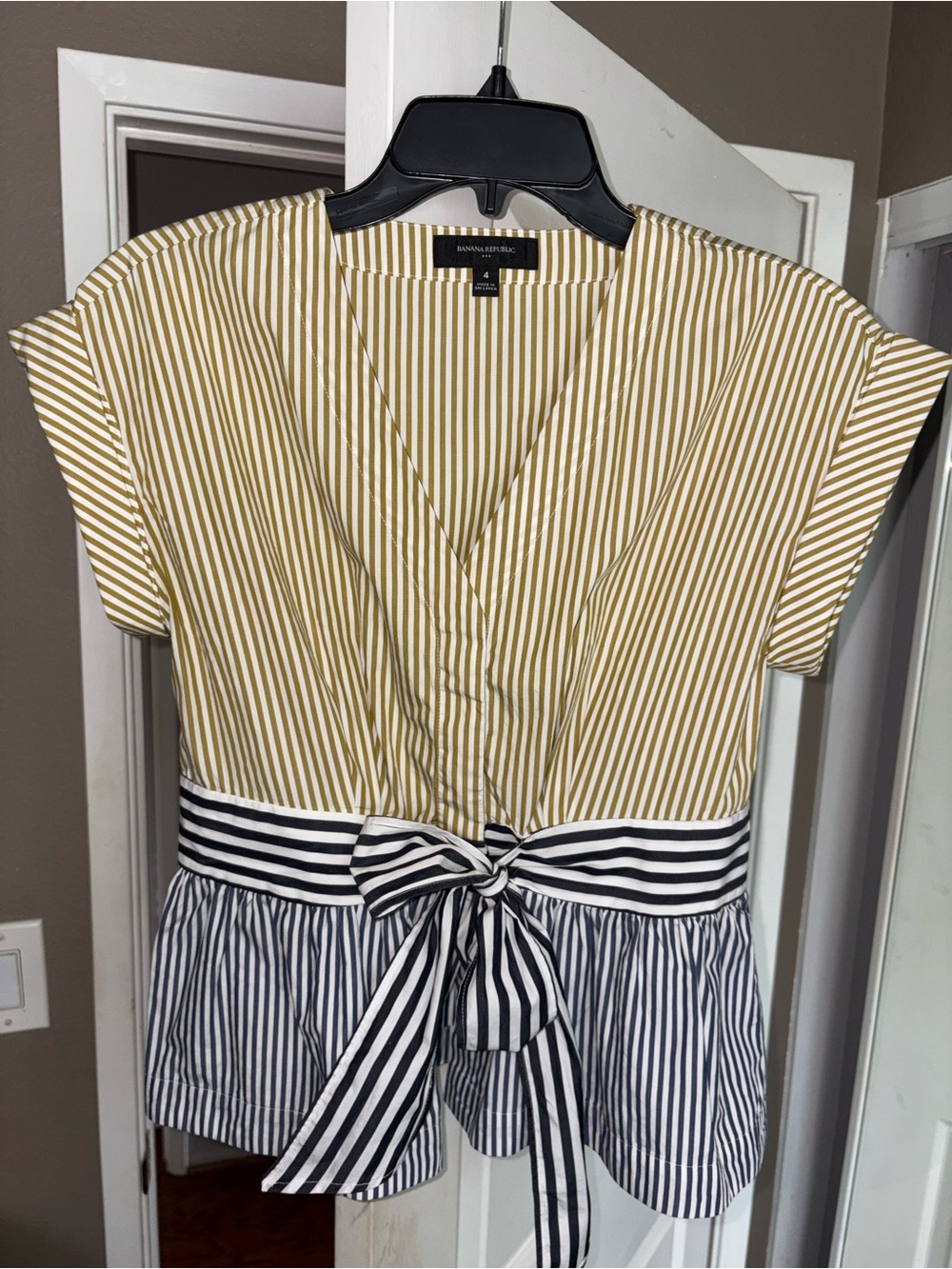 Banana Republic Mustard and Navy Striped Tie-Waist top!
